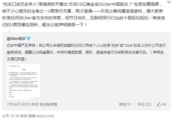 樂視10億美元入股Uber中國？雙方紛紛澄清不可能