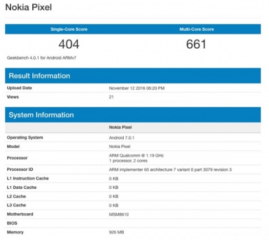 諾基亞Nokia Pixel數據曝光:運行安卓7.0系統